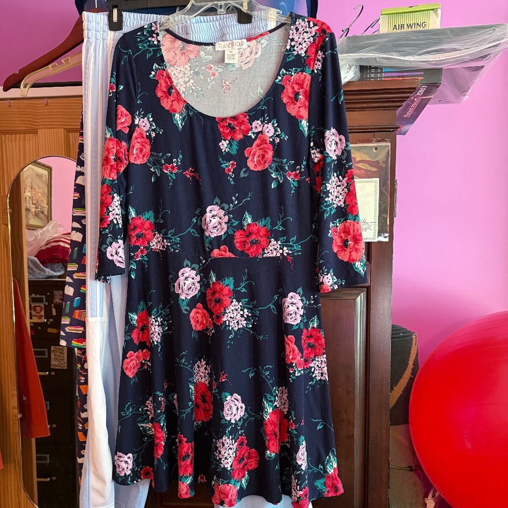 Planet Gold XXL Floral Fit & Flare Dress Navy Red Roses Stretch 3/4 Sleeve Soft